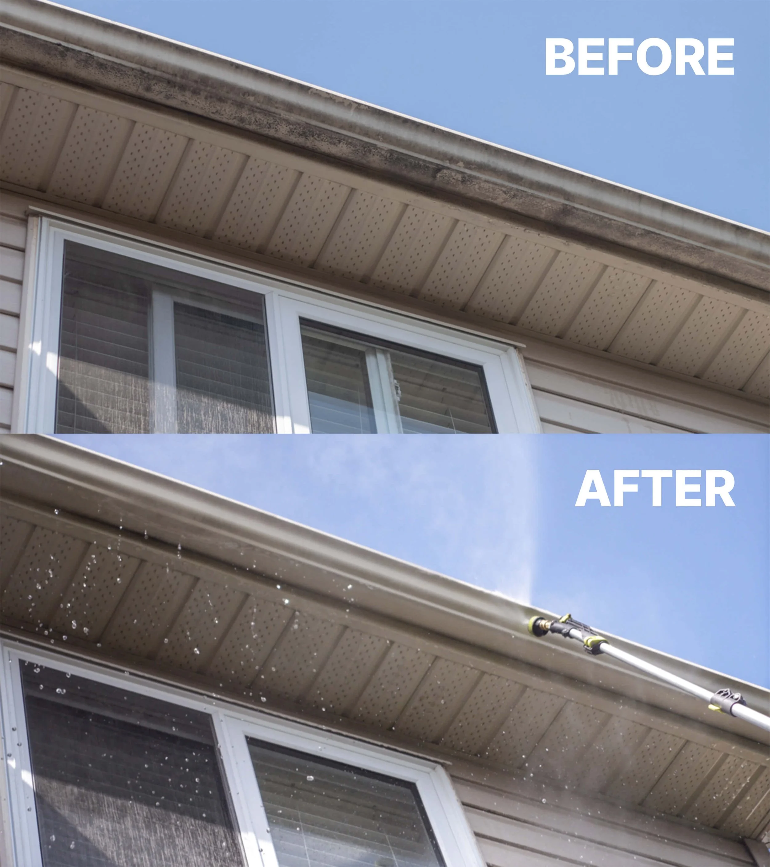 Exterior gutter cleaning before and after in Kitchener-Waterloo