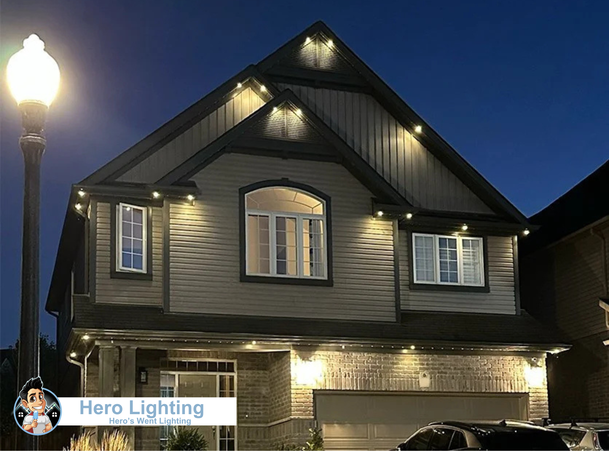 Warm LED accent lights on modern home at dusk