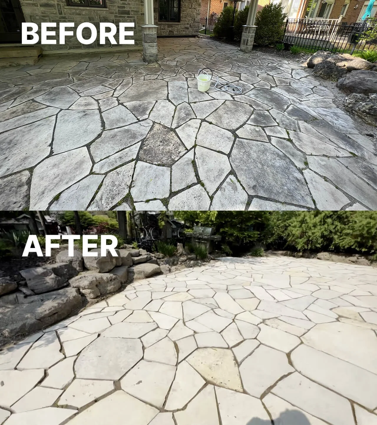 Stone patio pressure washing before and after